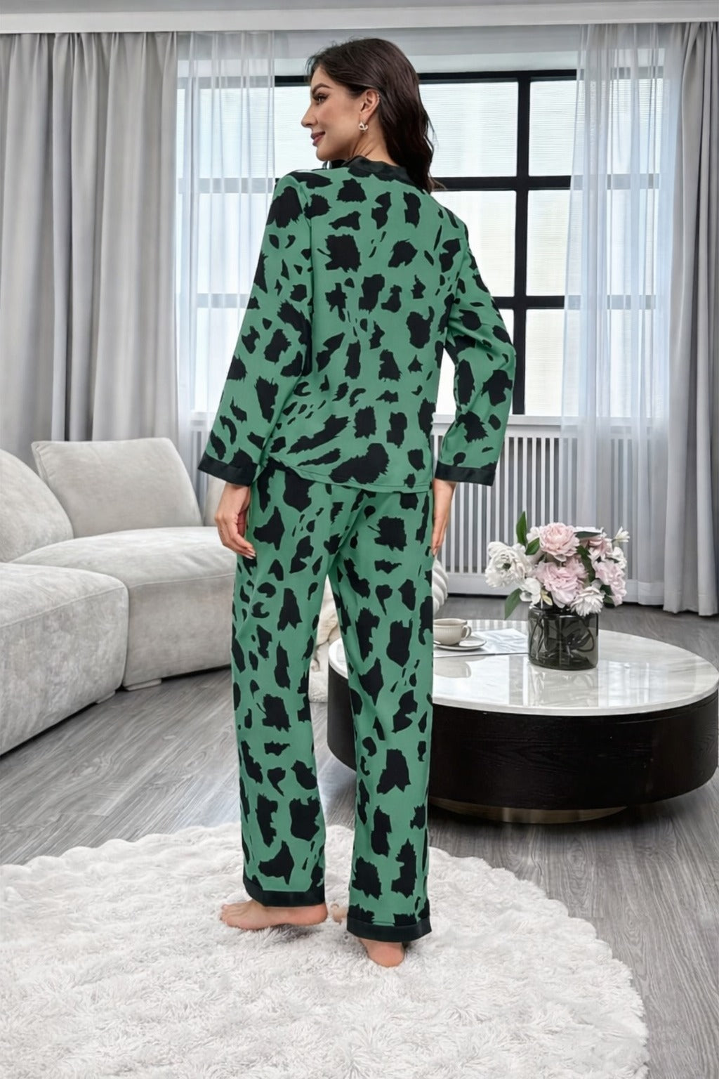 Dark Green with cheetah printed Front button Style night suit For her