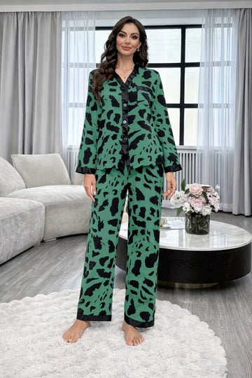 Dark Green with cheetah printed Front button Style night suit For her