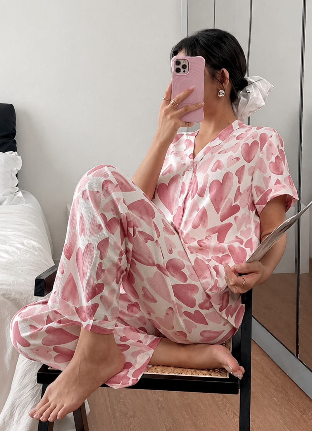 Rose Pink All over Big Hearts Button style night suit For her