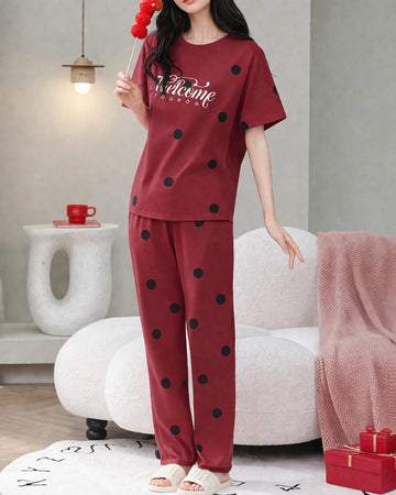 Red Welcome Print Black dotted printed night suit For her