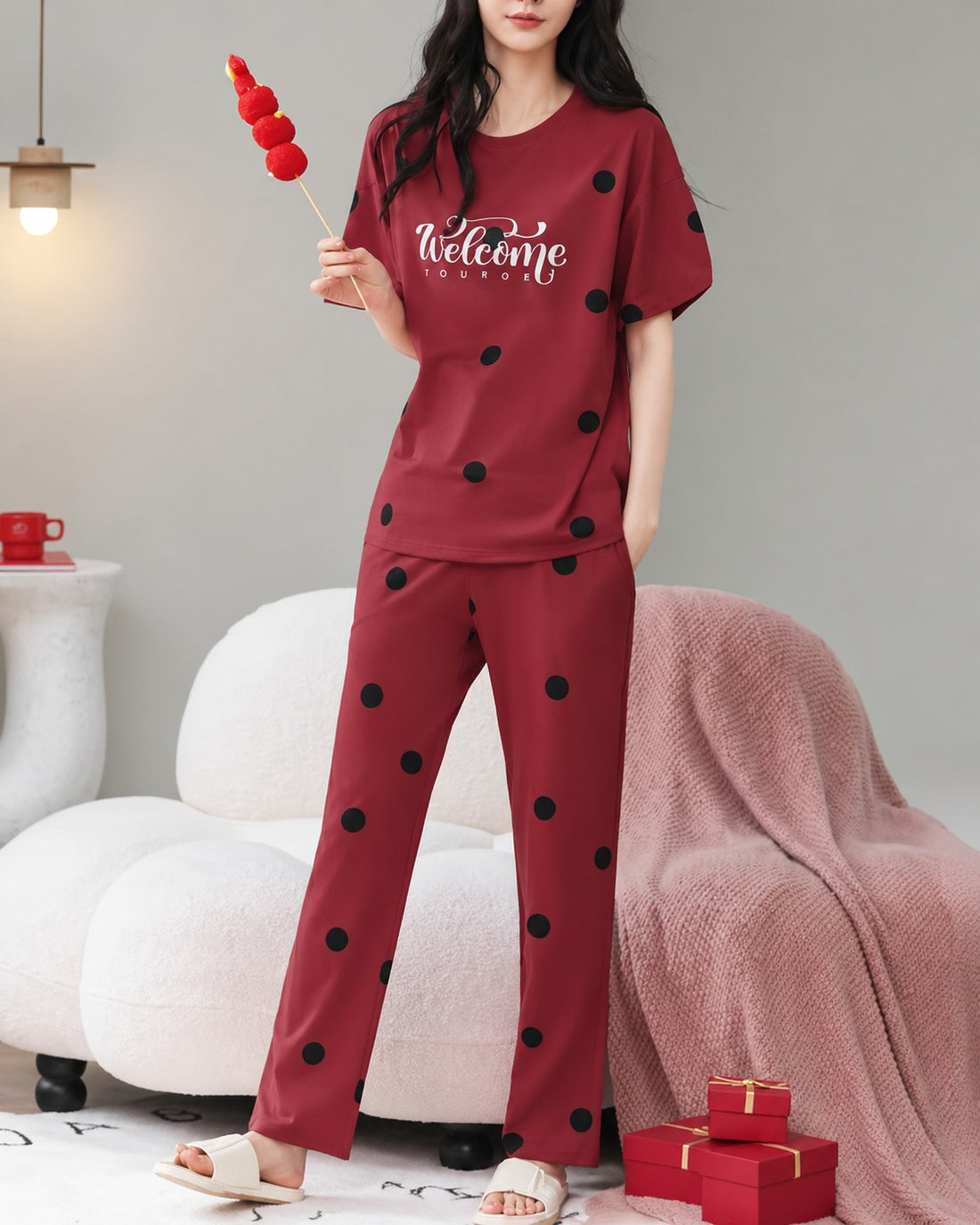 Red Welcome Print Black dotted printed night suit For her