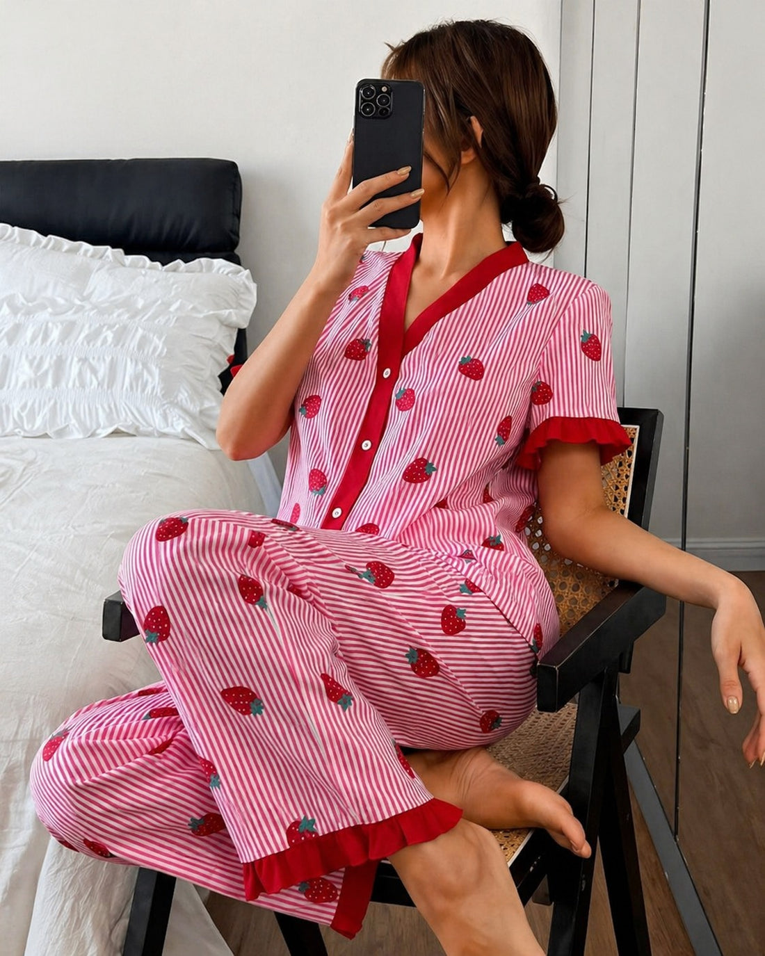 Pink All over Strawberry with pink lining style button Night suit For her