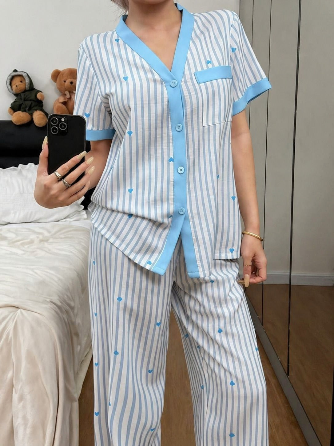 Sky blue All over hearts with Sky blue lining style button Night suit For her