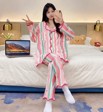 Off white Multicolour lining Stars Printed button style night suit For Her
