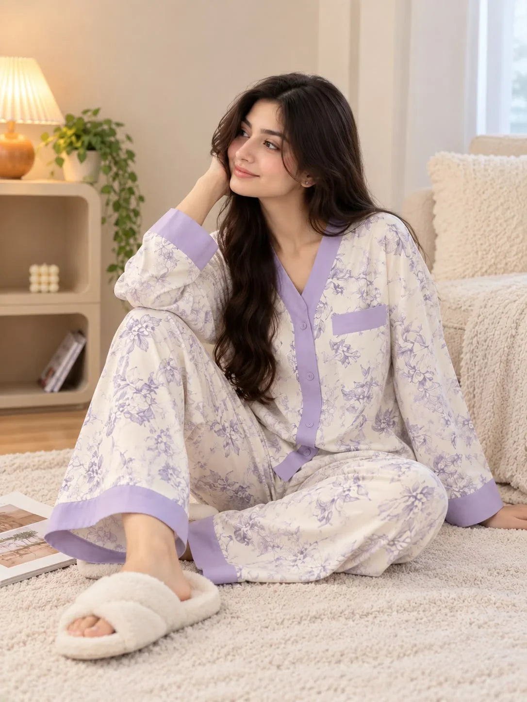 Of White with Lavender Floral Printed V-Neck Button PJ Set For Her