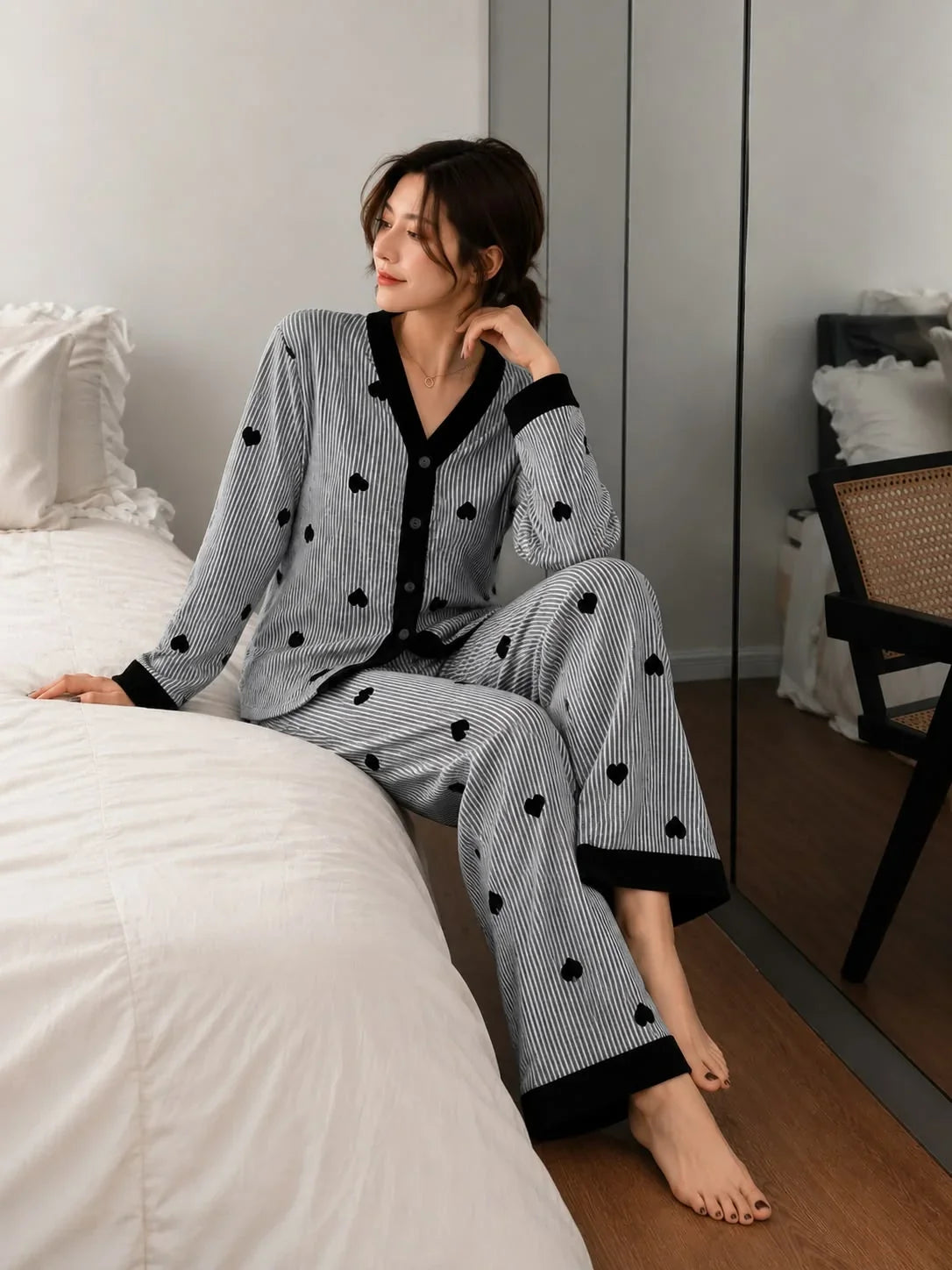 Black Linning Hearts Stripe Printed V-Neck Button PJ Set For Her