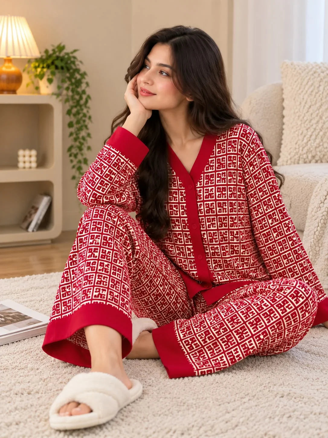 Red Signature Monogram Printed Button PJ Set For Her