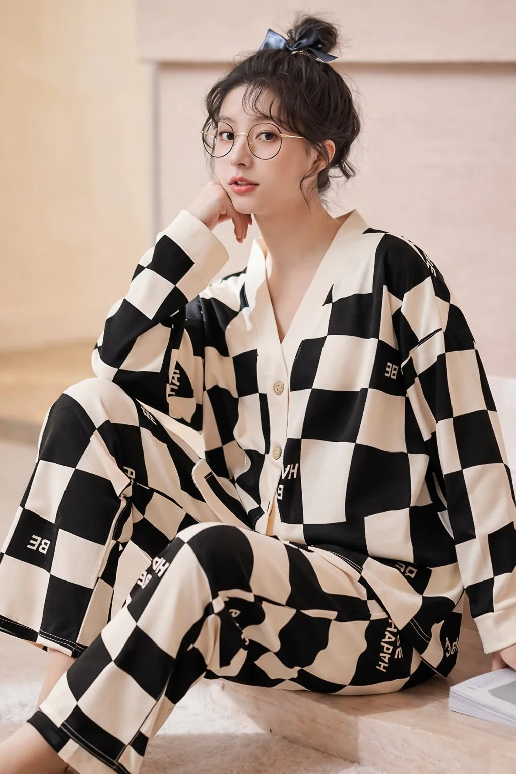 Off White with Black Check V-Neck Button Printed Pj Set For Her