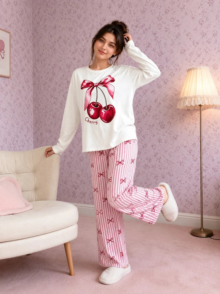 Sweet Cherry Printed Full Sleeves Tshirt with Bow Printed Trouser The Ultimate Dream Wear Sleep Suit