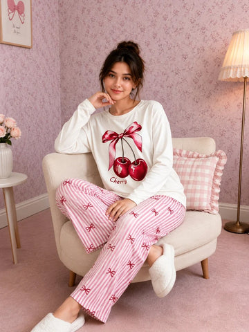 Sweet Cherry Printed Full Sleeves Tshirt with Bow Printed Trouser The Ultimate Dream Wear Sleep Suit