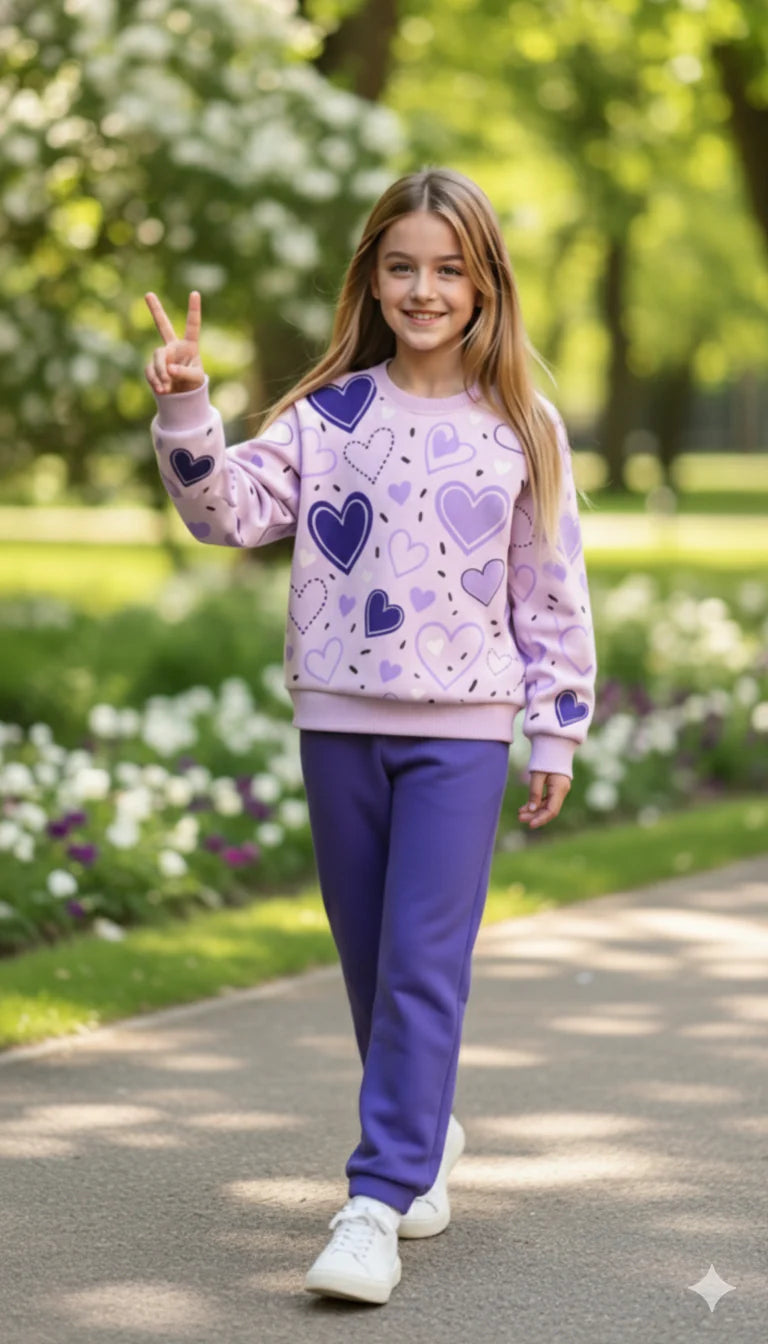 Purple Multi Hearts with purple pajama Kids track suit