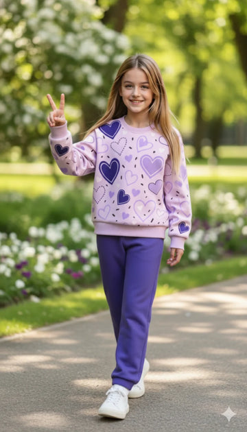 Purple Multi Hearts with purple pajama Kids track suit
