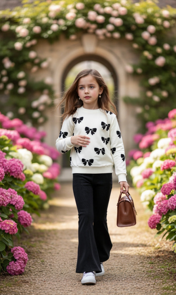 White With Black Bow Print Kids track suit