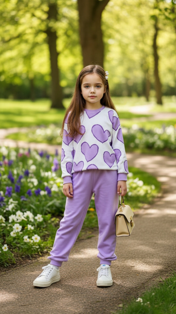 off white Purple Hearts with purple pajama Kids track suit