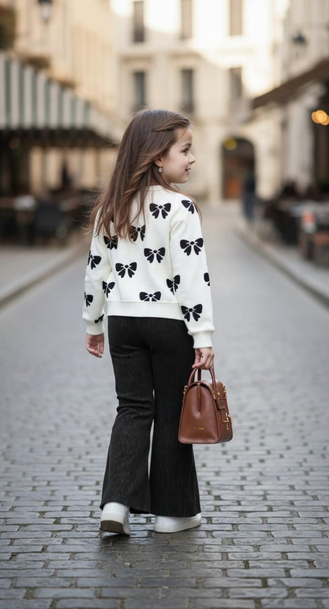 White With Black Bow Print Kids track suit