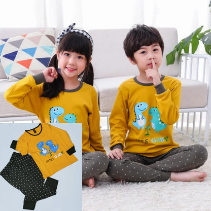 Baby or Baba Yellow Dinosaur with Dotted Pajama Print Full Sleeves Kids Suits (1 Pcs) (RX-142)