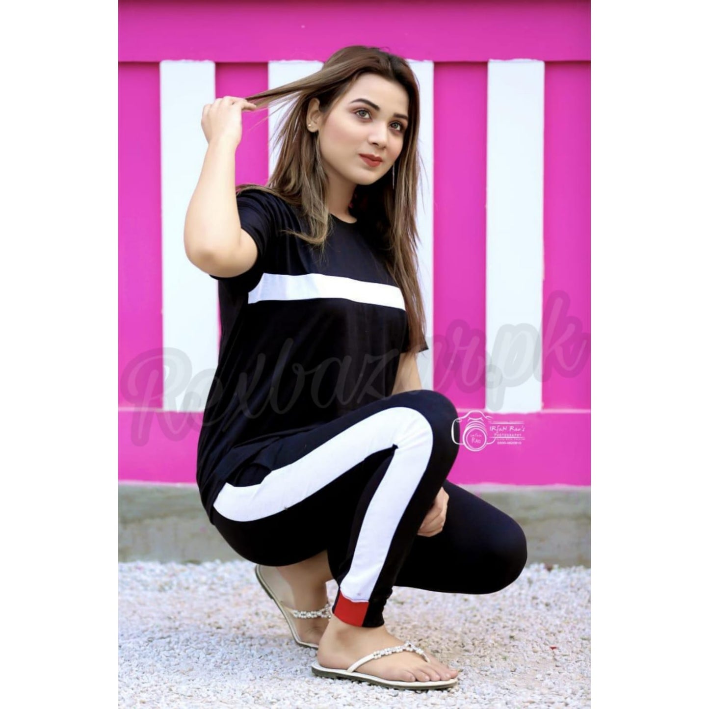 Black and White Stylish Printed Half Sleeves T Shirt with Panel Pajama Suit for her (RX-81)