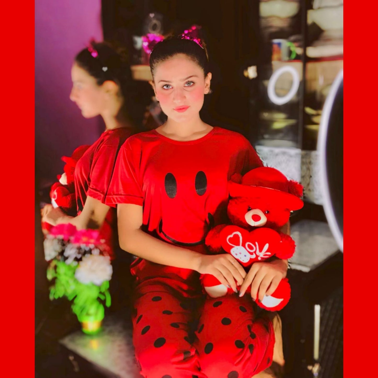 Red Smile with Dotted Style Pajama Half Sleeves Night Suit for her (RX-96)