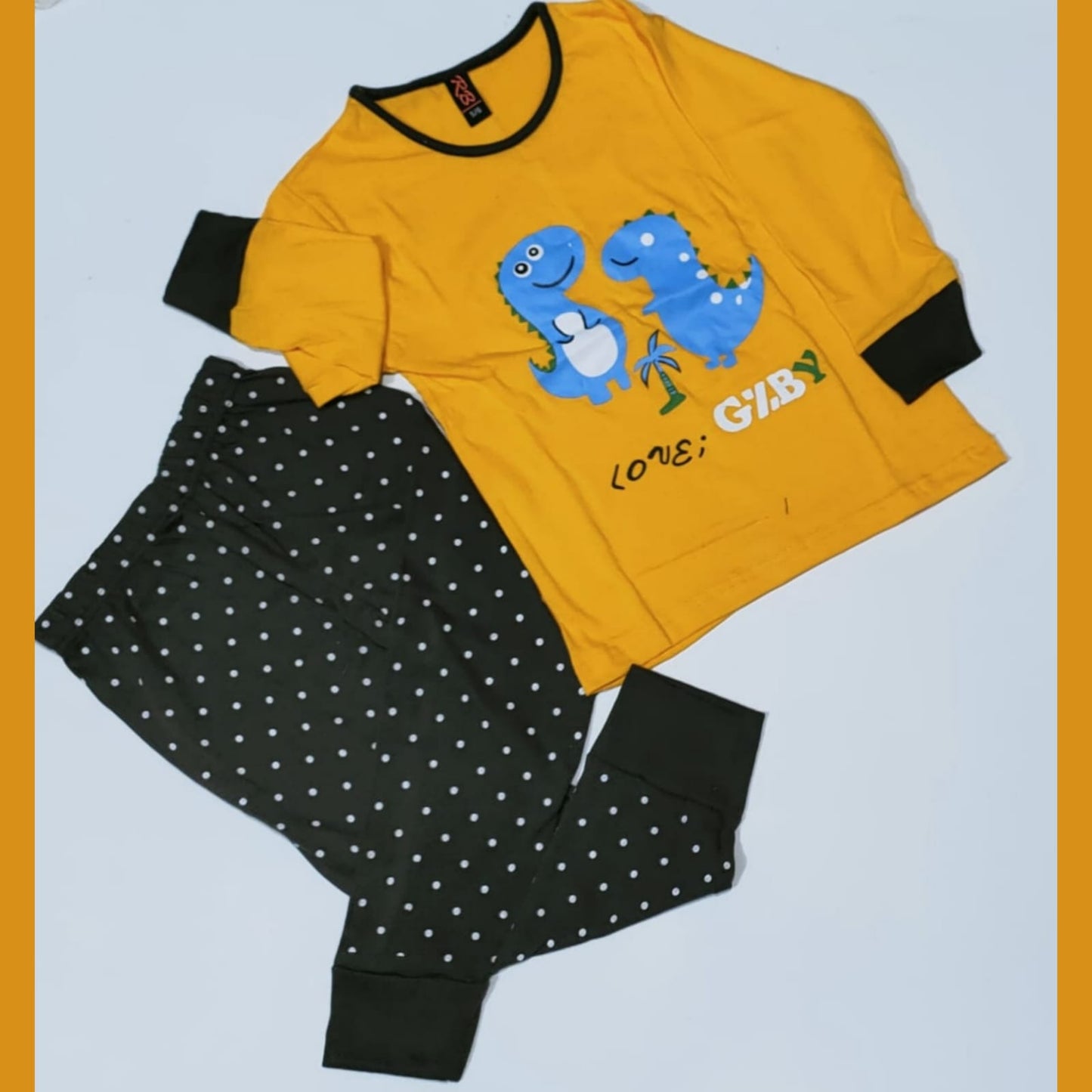 Baby or Baba Yellow Dinosaur with Dotted Pajama Print Full Sleeves Kids Suits (1 Pcs) (RX-142)