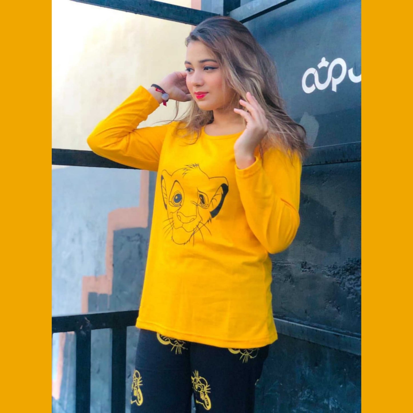 Yellow and Black SIMBA print T SHirt with Printed Pajama Full Sleeves Night Suit for her (RX-101)