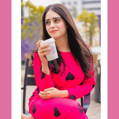 Shocking Pink With Black Big Heart print Full Sleeves Night Suit for her (RX-122)