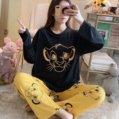 Black and Yellow SIMBA print T SHirt with Printed Pajama Full Sleeves Night Suit for her (RX-102)