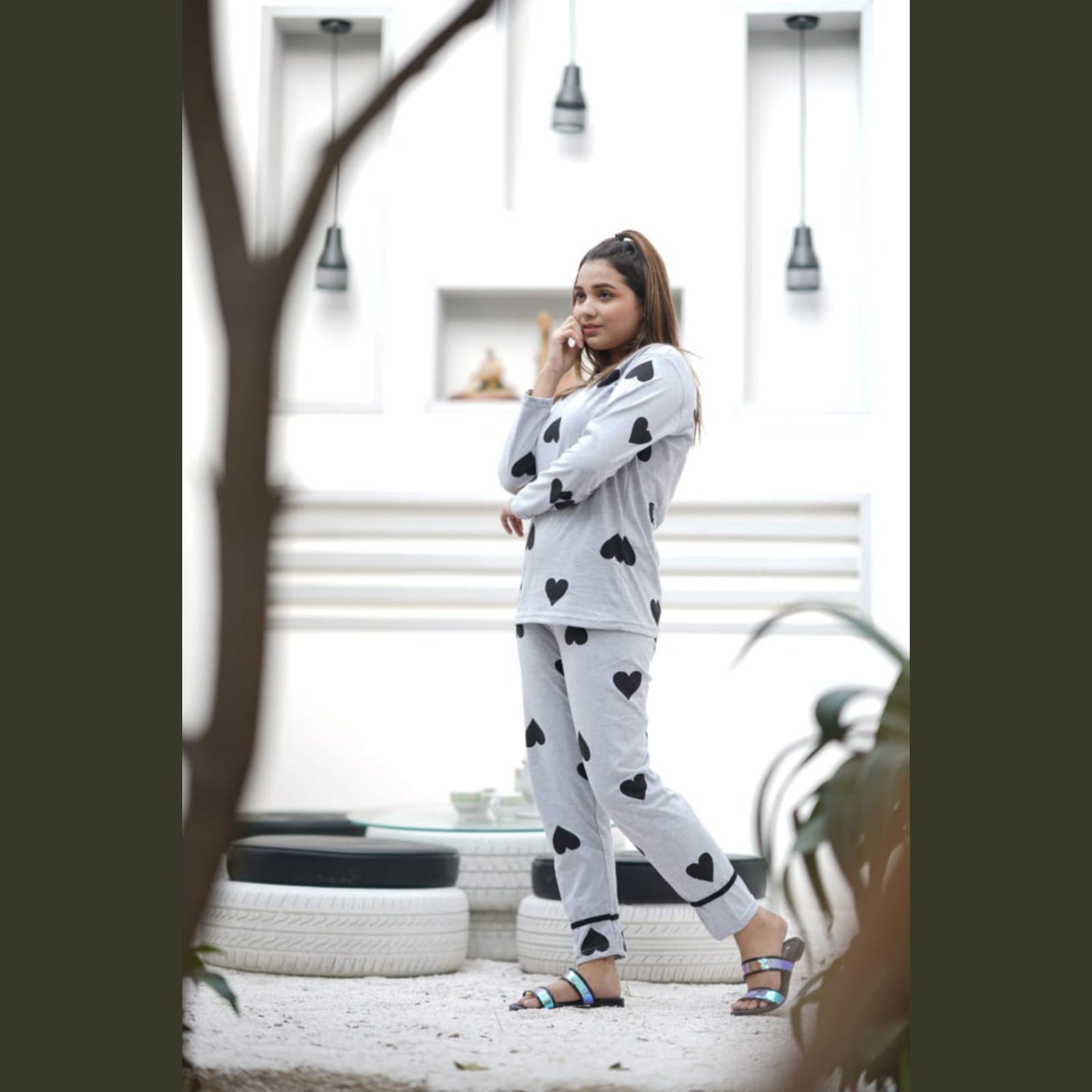 Grey with Black Big hearts print Full Sleeves Night Suit for her (RX-111)