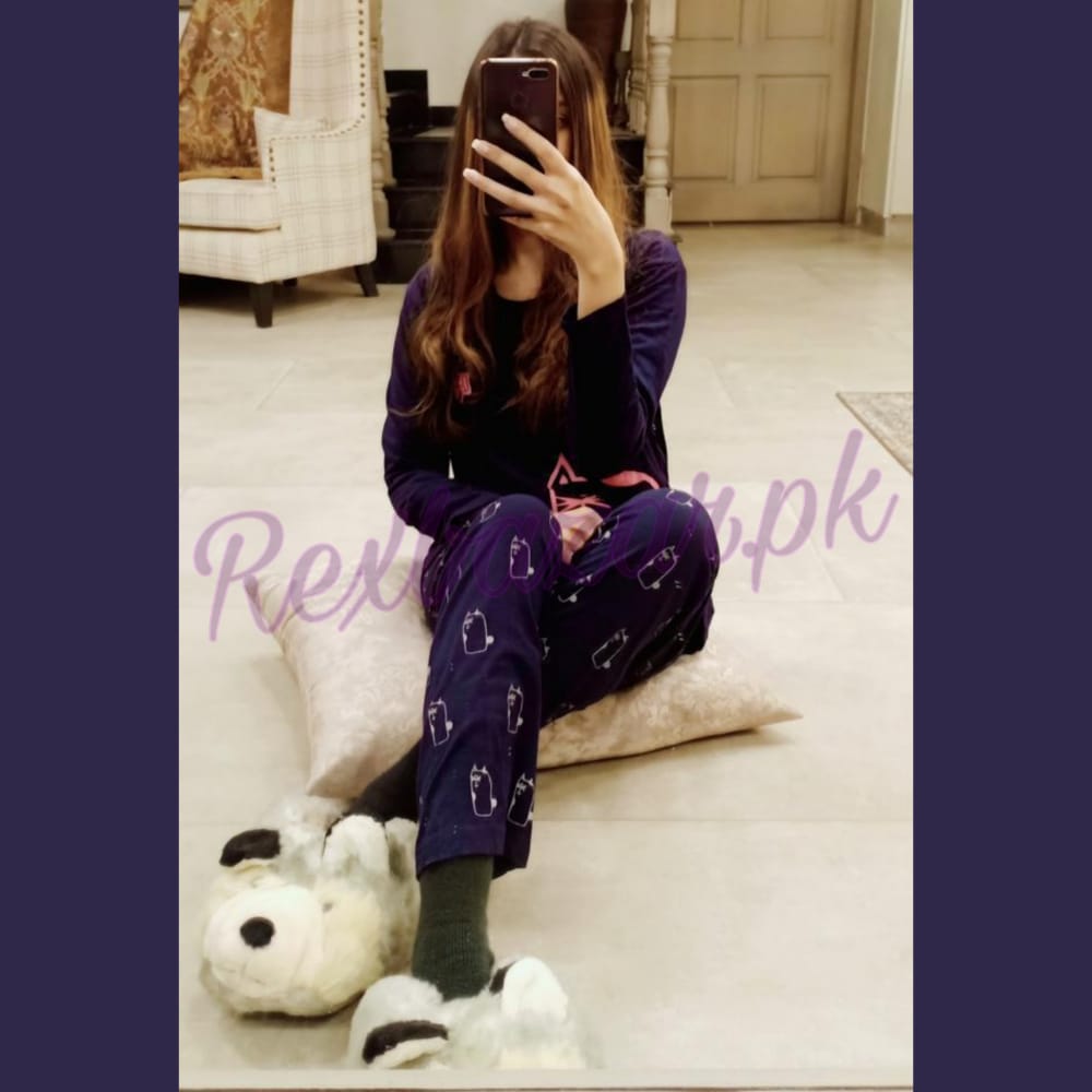 Navy Blue with Pink Cat print Full Sleeves Night Suit for her (RX-87)