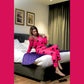 Shocking Pink With Black Big Heart print Full Sleeves Night Suit for her (RX-122)