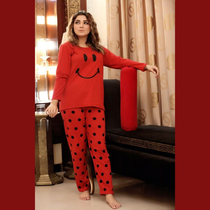 Red Smile with Dotted Style Pajama Full Sleeves Night Suit for her (RX-93)