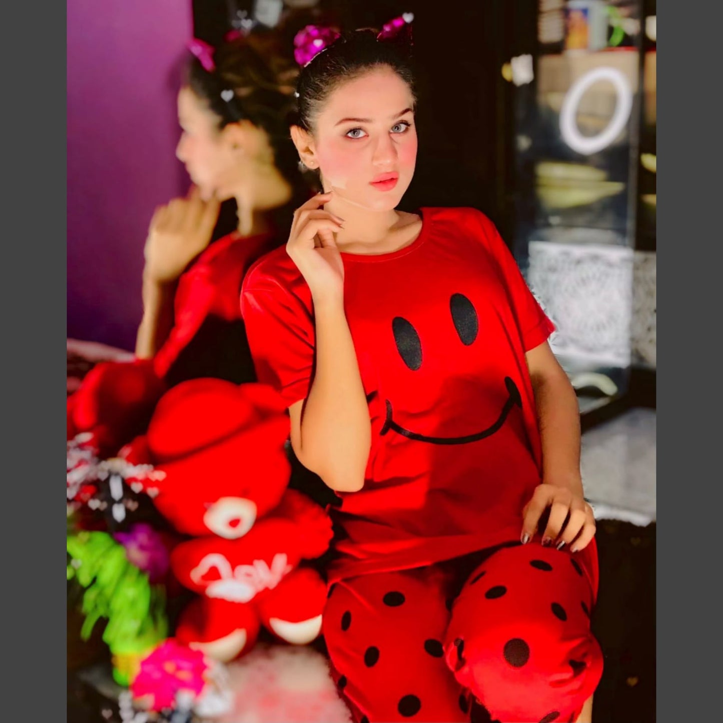 Red Smile with Dotted Style Pajama Half Sleeves Night Suit for her (RX-96)
