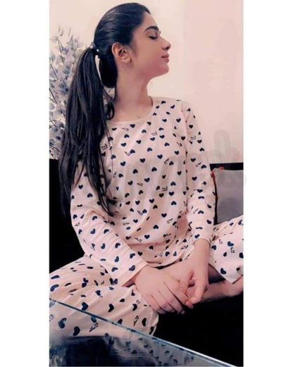 Pink with Black Hearts print Full Sleeves Night Suit for Her (RX-70)