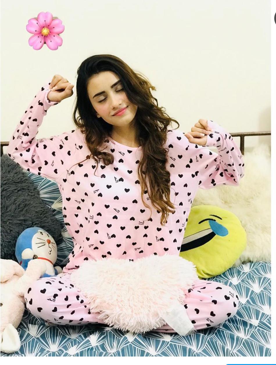 Pink with Black Hearts print Full Sleeves Night Suit for Her (RX-70)