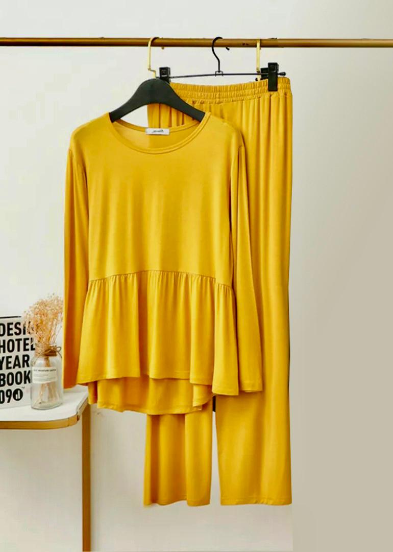 Plain Yellow Frill Style with Palazzo Style Pajama Full Sleeves Suit for Her (RX-213)
