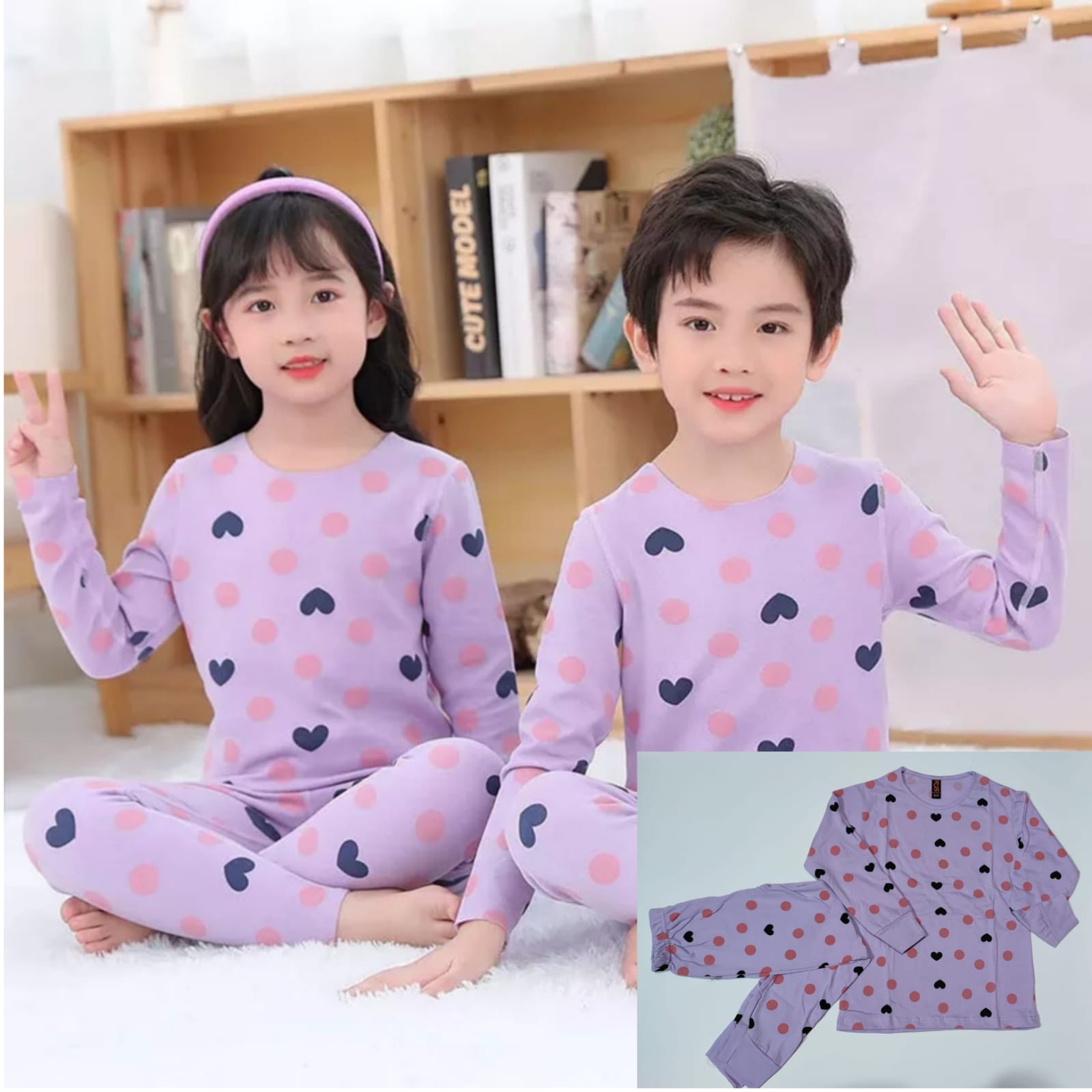 Baby or Baba Purple Hearts Print Full Sleeves Night Suit for Kids