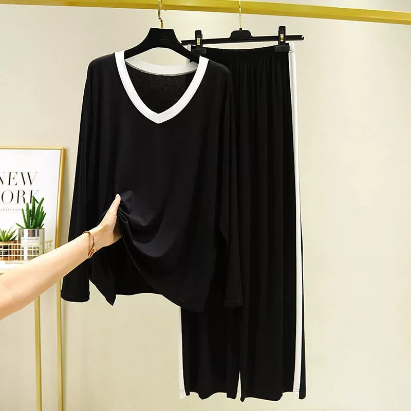 Black with White Pipen and Black with White Panel Pajama Full Sleeves Night Suit for Her (RX-215)