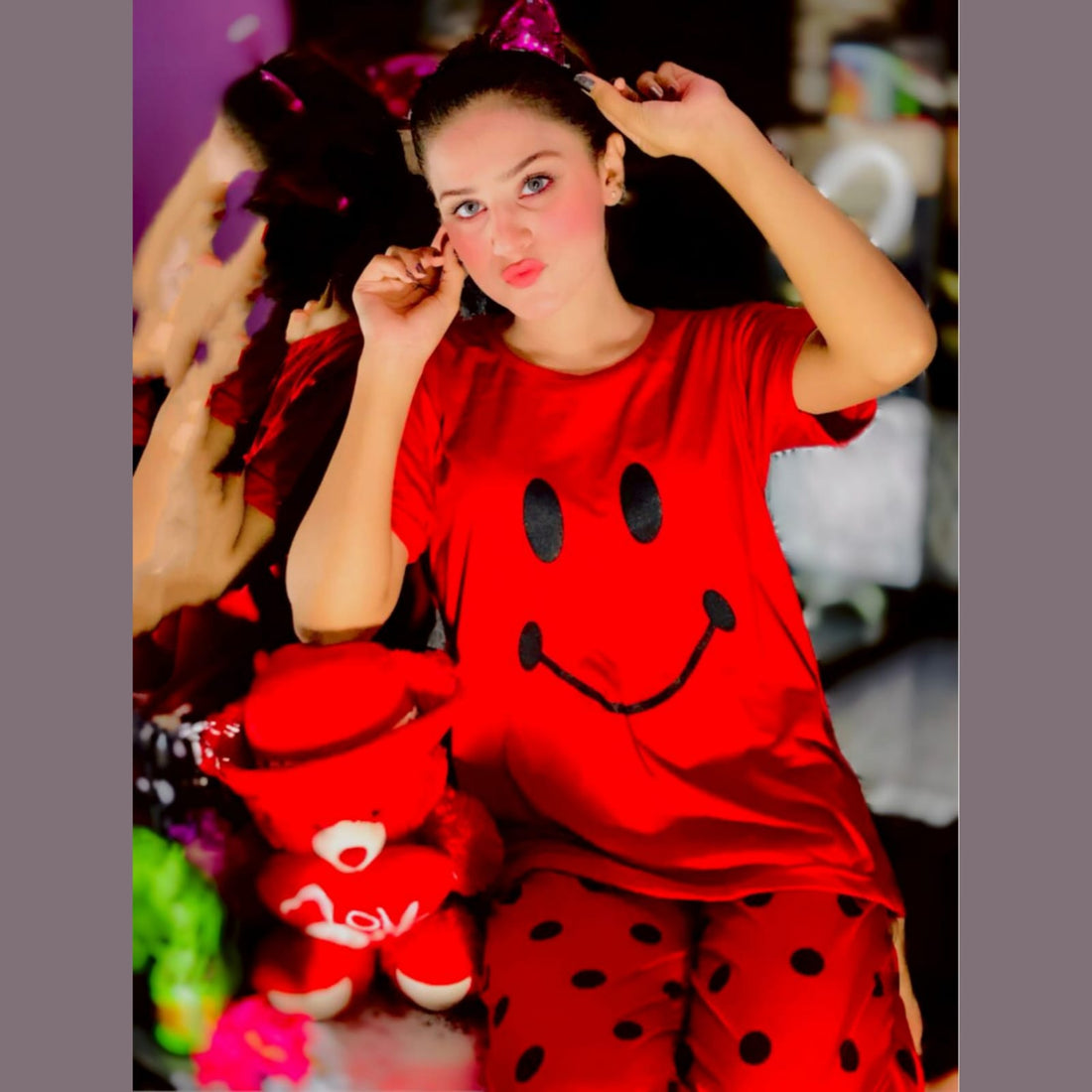 Red Smile with Dotted Style Pajama Half Sleeves Night Suit for her (RX-96)