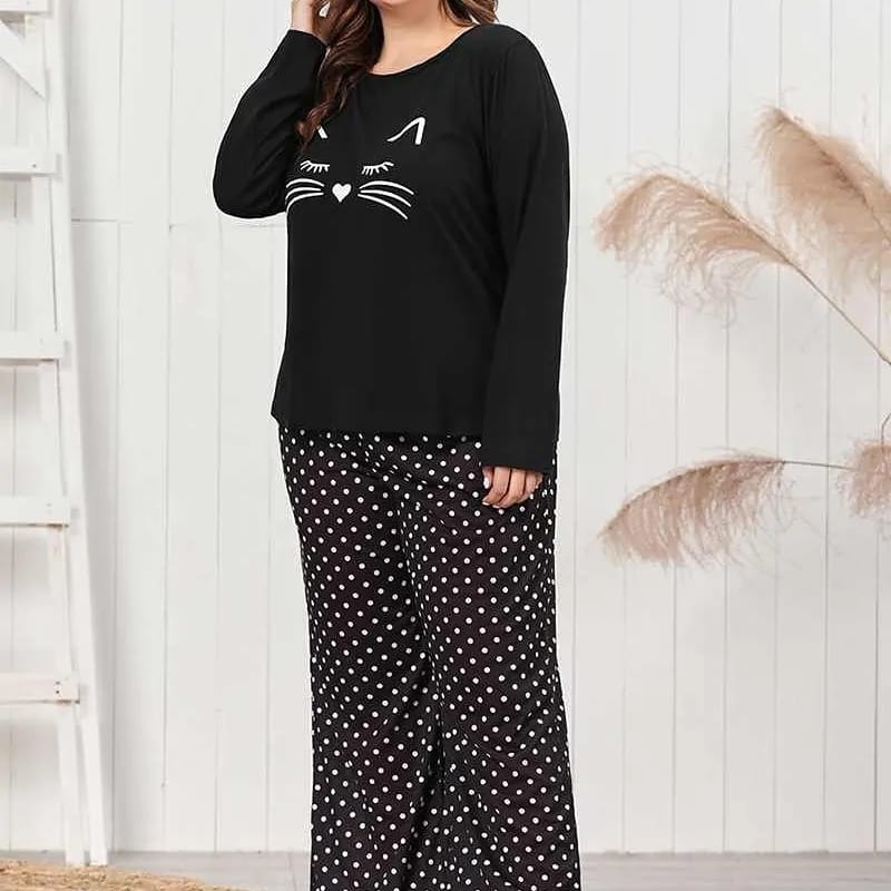 Black Cat with Dotted Style Pajama Half Sleeves Night Suit for her (RX-90)